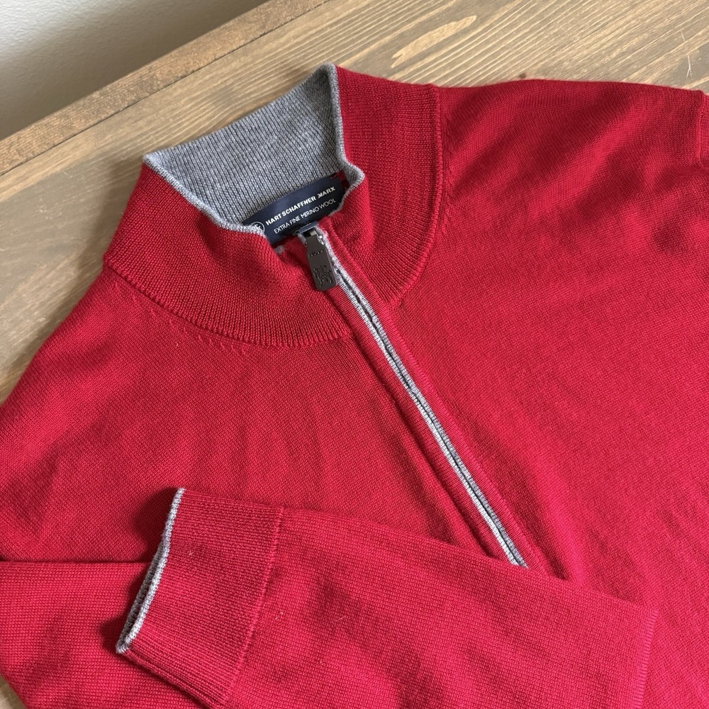 Hart Schaffner Marx Mens Large Red Wool 1/4 Zip Long Sleeve Pullover Sweater